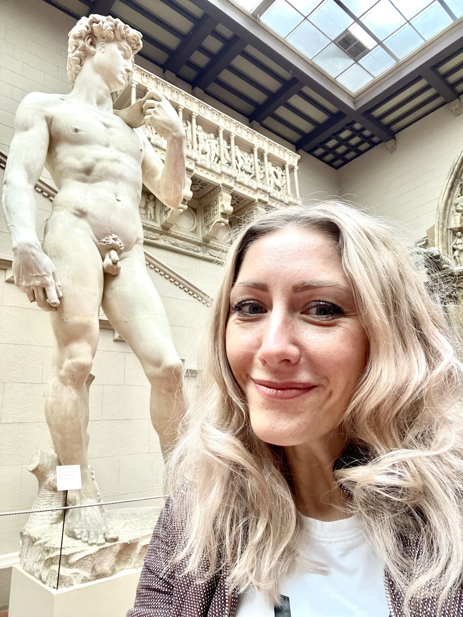 Michelangelo’s David in the Pushkin Museum, Moscow Russia, a full-scale plaster cast replica of marble sculpture. At school excursions, we were told that David symbolized moral strength and freedom and a perfect masculine ideal. No wonder you grow up expecting every guy to resemble that Renaissance figure.